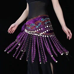 High Grade Tribal Dance Wear Embroidery Belt with Coins Velvet Wrap Scarf Long Tassel Women Belly Dance Hip Scarf