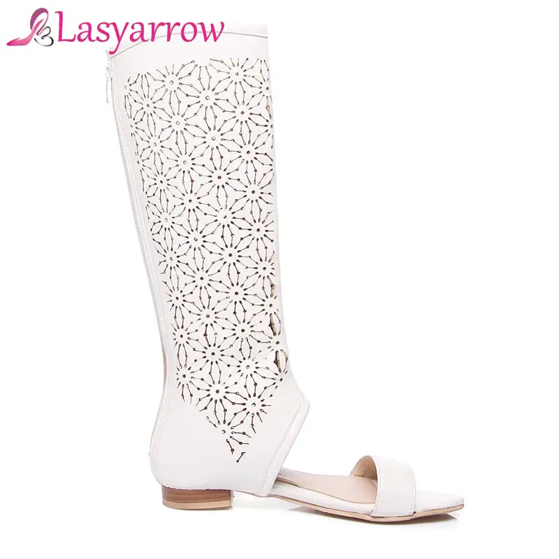 Lasyarrow Women Brand Fashion PU Leather Hollow Out Open Toe Flat Heels Summer Sandals Boots Gladiator Women Sandals Zipper Sexy