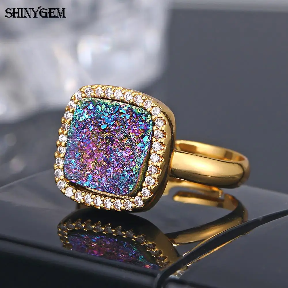 ShinyGem Scintillante Quadrato Arcobaleno Naturale Druzy Pietra Intarsio Zircone Anelli di fidanzamento per matrimonio in rame regolabile per le donne