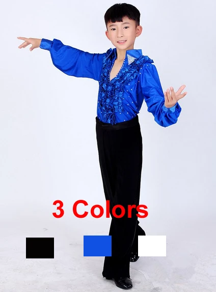 Neue Heiße Verkauf Junge Latin Dancewear Ruffly Blau Weiß Schwarz Ballsaal Bühne Moderne Jungen Latin Dance Kostüme Kleidung