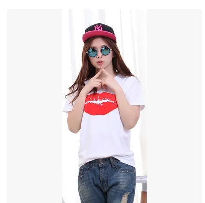 Women's Red Black Lip Print Lipstick T Shirt Short Sleeve T-shirt Tops Tees