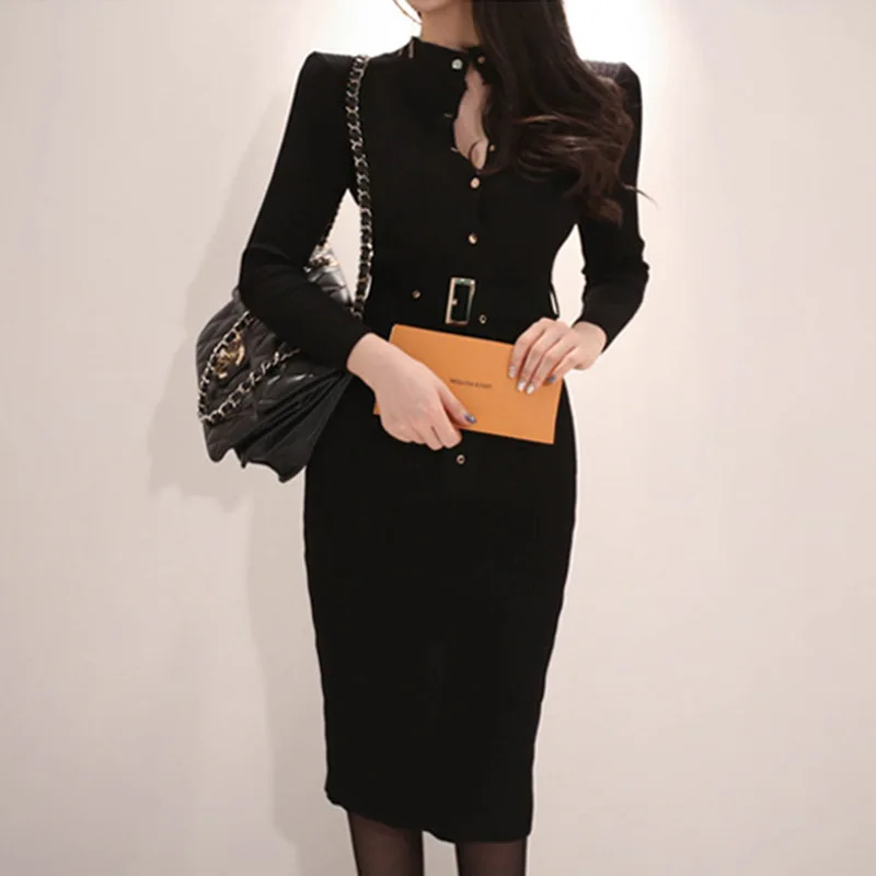 Solid Women Pencil Dress 2018 Autumn Black Long Sleeve Stand Knee-length Button Office Club Knitting Dress Work Dresses Elbise