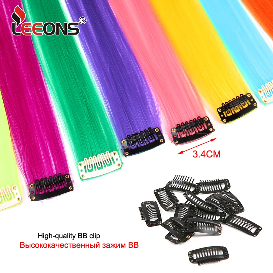 Leeons Synthetic Hair Extensions With Clips Heat Resistant Straight Hair Extensions Color Colored Black Hair Clip Womens 12G/Pcs