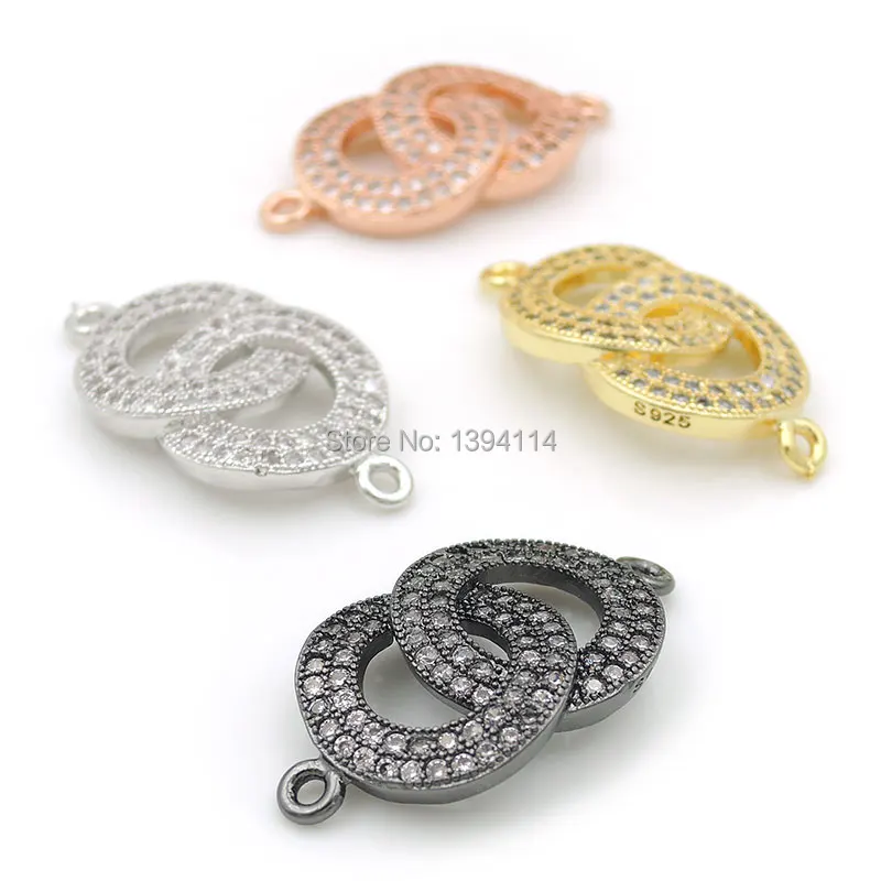 

24*13*3mm Micro Pave Clear CZ Combination Connector Of 2 Interlocking Circles Fit For Women As DIY Bracelets Accessory