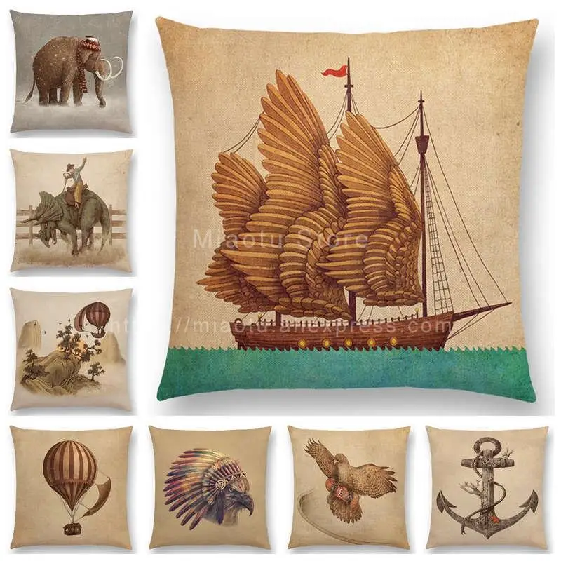 

Hot sale vintage Cushion Cover gramophone adventure By Airship hot air balloon sailing Home Decor Throw Pillowcase