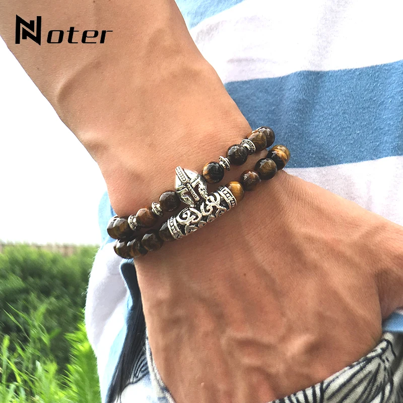 Noter 2pcs/Set Antique Spartacus Helmet Bracelet Men Natural Lava Tiger eye Chrysocolla Bracelet Carved Ethnic Couple Braslet