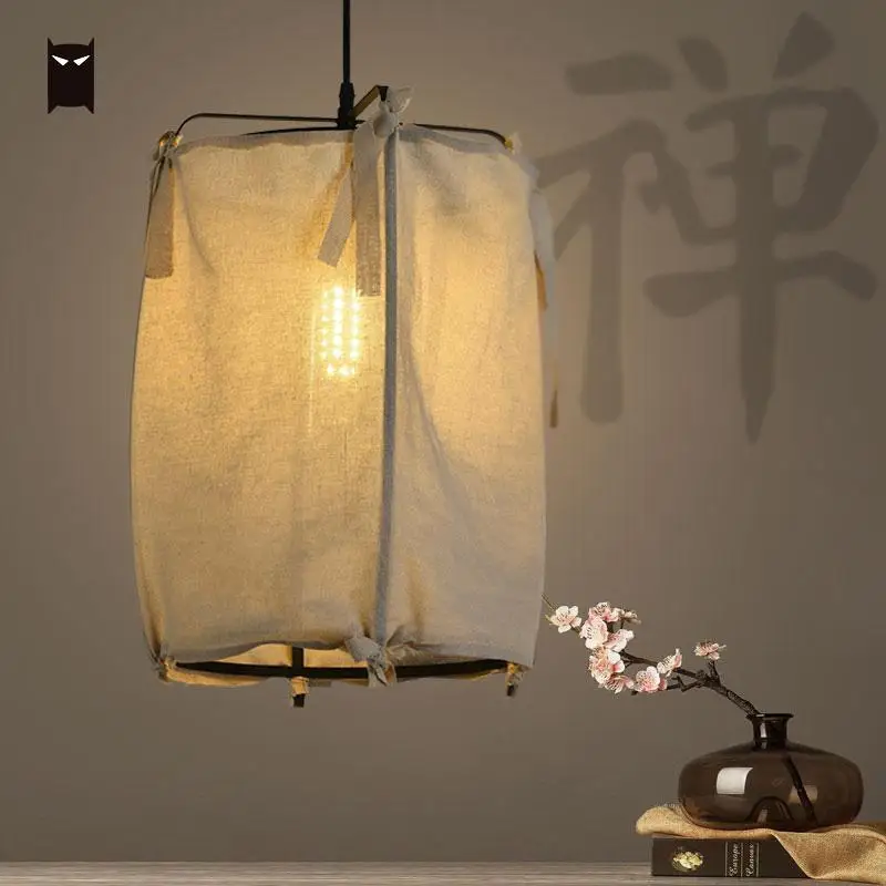 Hemp Fabric Shade Pendant Light Fixture Chinese Japanese Vintage Meditation Creative Hanging Ceiling Lamp Designer E27 E26 Bulb