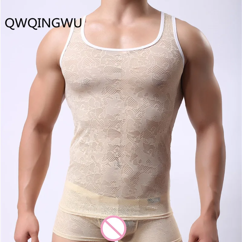 Sexy Men Undershirts Mesh Sexy Tops Tees Shirts Transparent Bodybuilding Gay Male Singlets Lace See Through Undershirts Fashion