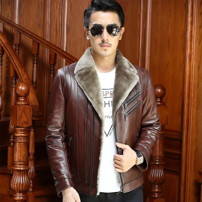 Winter Business Men Genuine Leather Jacket Thick Wool Lining Short Coat Office Work Luxury Sheepskin Shearling Jackets Plus Size