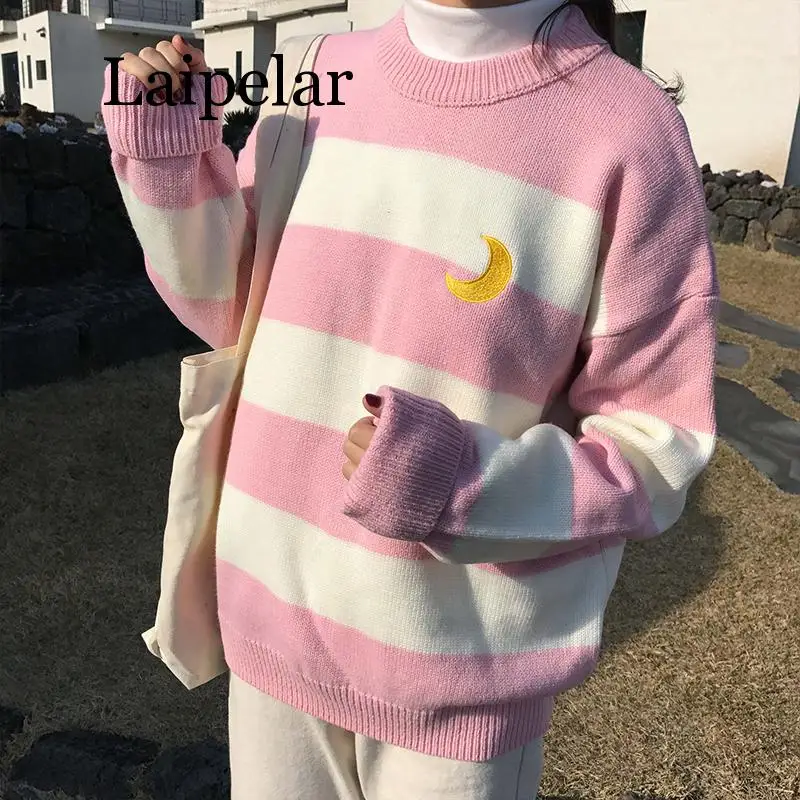 

Laipelar Women Sweaters Kawaii Ulzzang College Candy Color Stripes Moon Sets Embroidery Sweater Female Harajuku Clothing