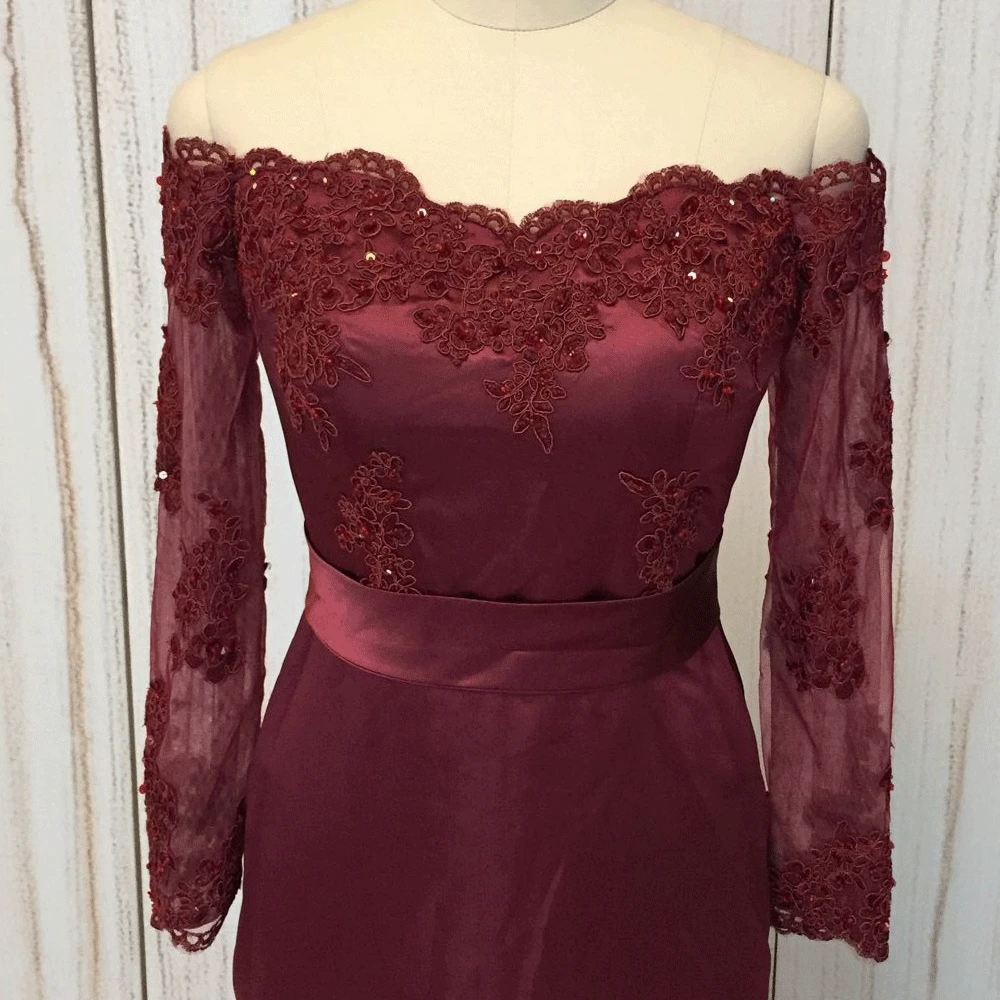 SuperKimJo Vestidos De Fiesta Burgundy Evening Dresses Long Sleeve Lace Applique Beaded Mermaid Modest Formal Party Dresses