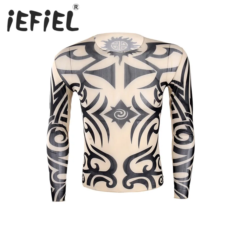 iEFiEL Fashionable Mens Fake Tattoo Design Long Sleeve T-Shirt Nightwear Clubwear Fancy Party Costumes Clothes Tops Body Shirt