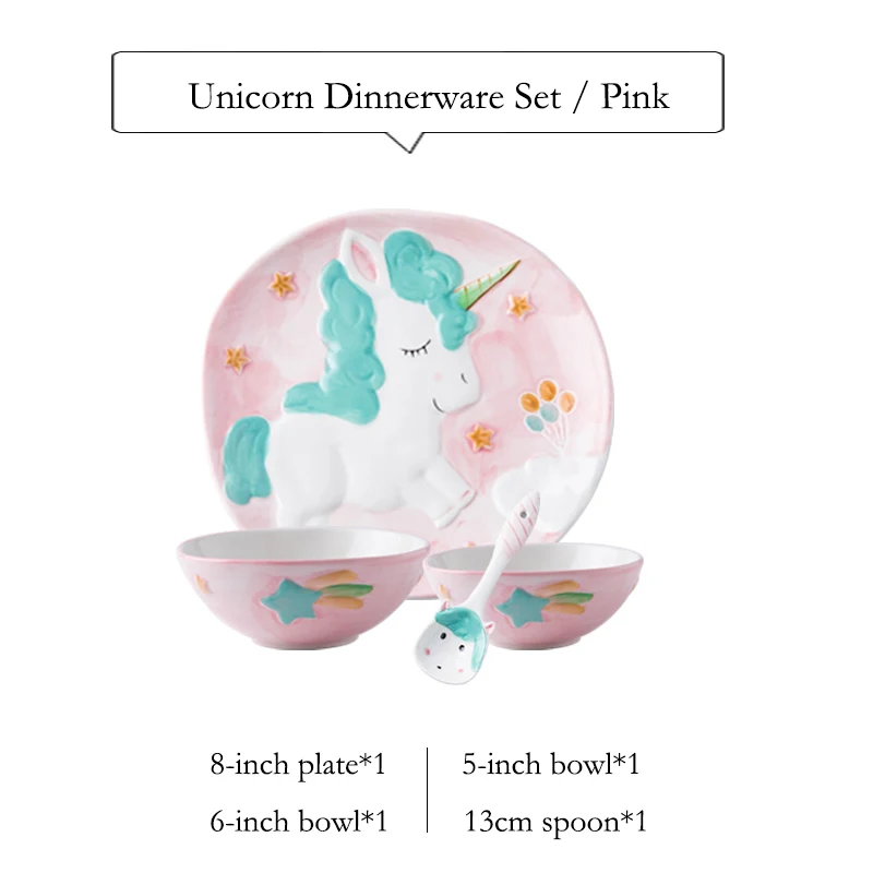 Set of Cartoon Animal Dinnerware Ceramic Dinner Plate Rice Bowl Salad Ramen Bowl with Spoon for Kids Unicorn Gift Box