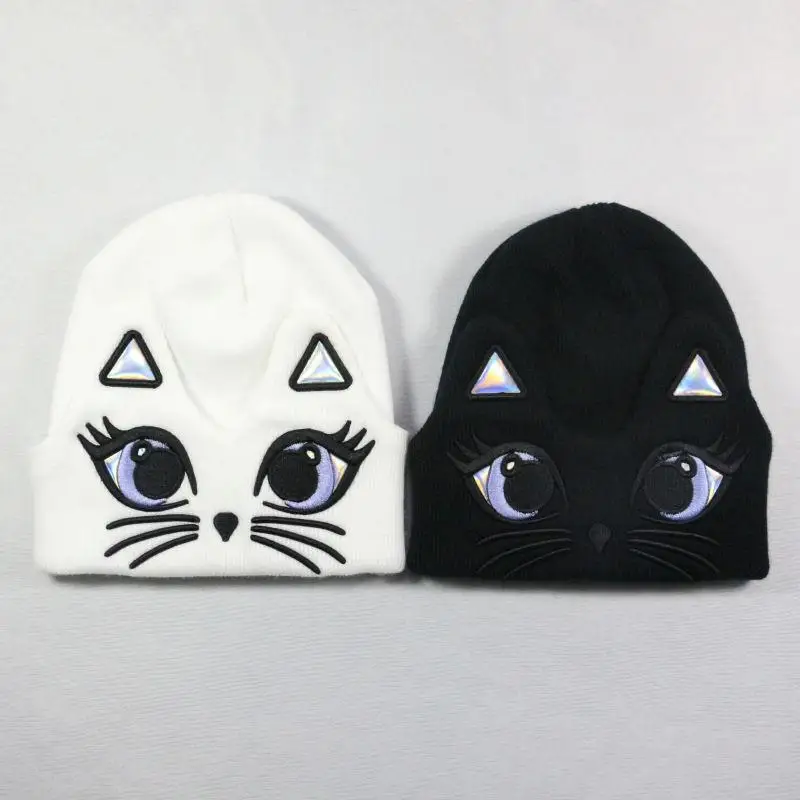 2019 Cotton Cat Modeling Embroidery Thicken Knitted Hat Winter Warm Hat Skullies Cap Beanie Hat for Men and Women 18