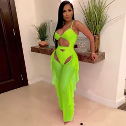 BKLD Fashion Neon Green Tracksuit Women Two Piece Set Sleeveless Bodysuit And Ruffles Mesh Sheer Pants Bodycon Two Piece Outfits