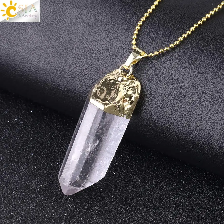 CSJA Irregular Natural Crystal Pillar Pendants Healing Clear Quartz Necklace Gold Color Necklaces for Women Men Random Size F804