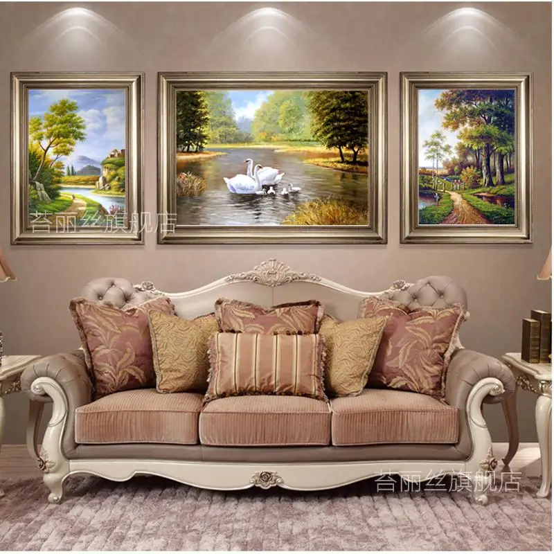 EECAMAIL 5D Diamond Embroidered New Living Room Triptych European-style Landscape Diamond Embroidered Swan Scenic Cross Stitch