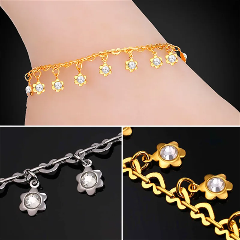 U7 White Crystal Sunflower Flower Anklet Bracelet Foot Jewelry Rhinestone Long Bracelet For Women A323