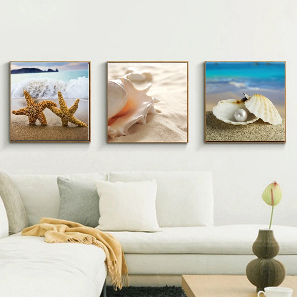 

Seascape Canvas Paintings Starfish Conch Shell Pearl Landscape Wall Art Print Picture for Office Room Home Wall Decor Drop ship