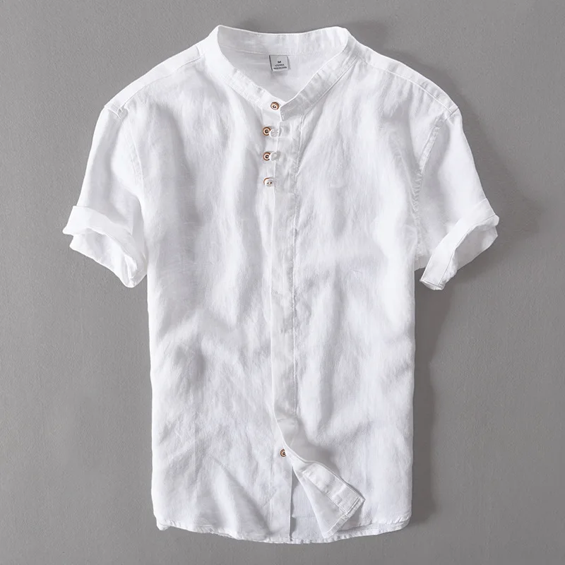 

100% Linen Shirt Men Summer Short Sleve Shirts men Casual Stand Collar Flax Shirt Mens White Camisa Masculina Chemise Homme