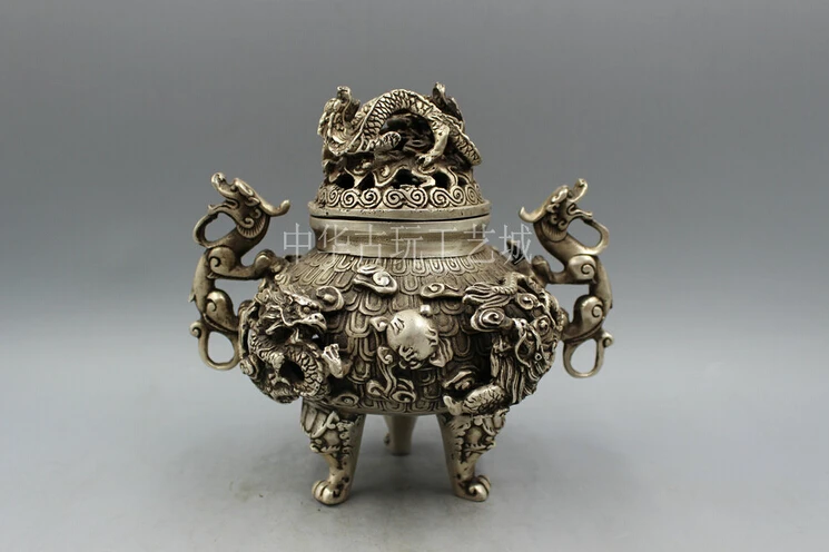 

Vintage Marked Chinese Dynasty Silver Nine Dragons Statuary Incense Burner Censer