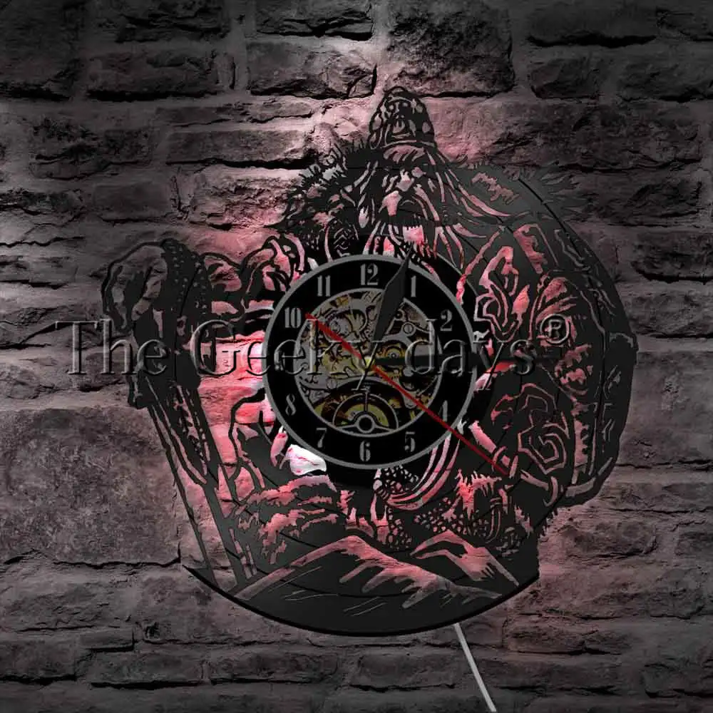 Norse Mythology Odin Art Wall Watch Decorative Lighting LED Hanging Lamp Viking Warrior Sword And Shield Vinyl Wall Clock