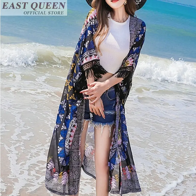 Bohemian wanita panjang blus hot sale pantai sifon rumbai floral print v-neck tiga perempat kemeja lengan batwing perempuan DD709 L