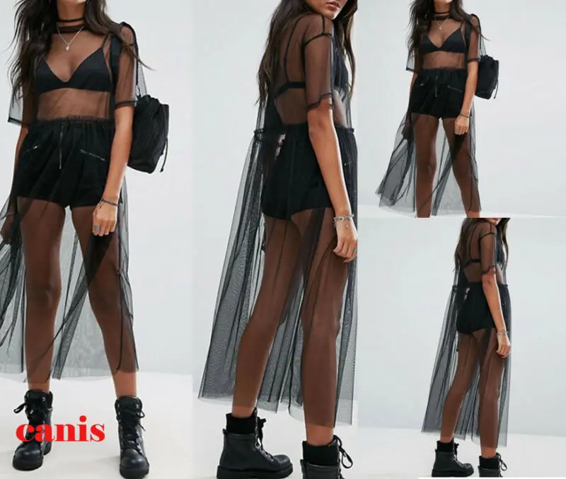 New Fashion Women Sexy Black See-through Mesh Long Tops Ladies Summer Short Sleeve Sheer Tulle Lace Long T Shirts