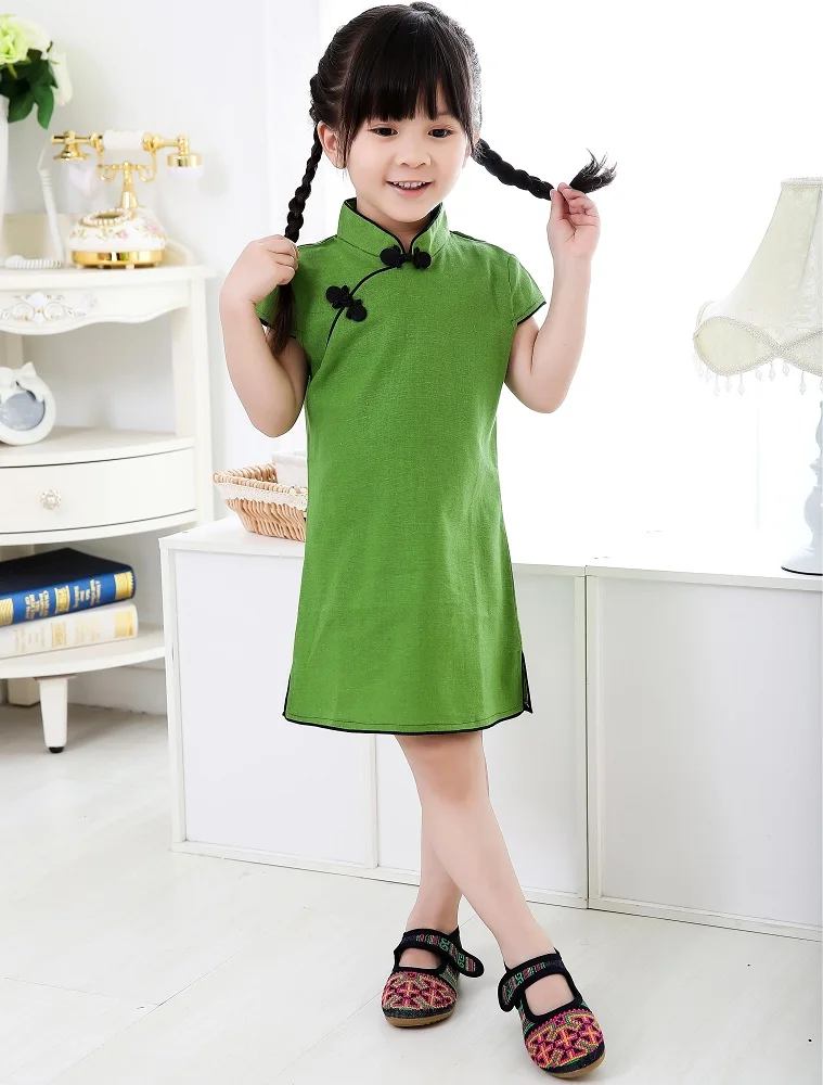 

Green Chinese Girls Dress Baby Girl Clothes Summer Baby QIPAO Cheongsam Chi-pao Cotton Traditional Dresses Children Clothes