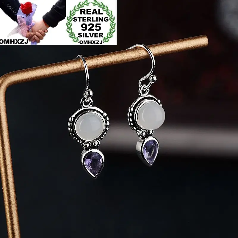 OMHXZJ Wholesale European Fashion Woman Girl Party Wedding Gift Moonstone Amethyst S925 Sterling Silver Drop Earrings EA364