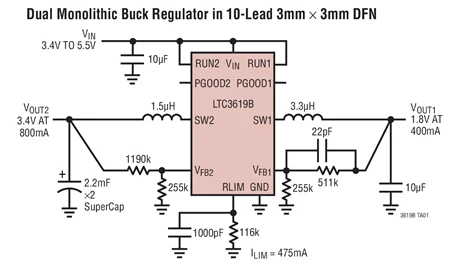 LTC3619 LTC3619BEDD LTC3619BIDD LFFH — синхронный понижающий DC/DC 400 мА/800 мА с ограничением тока среднего входа
