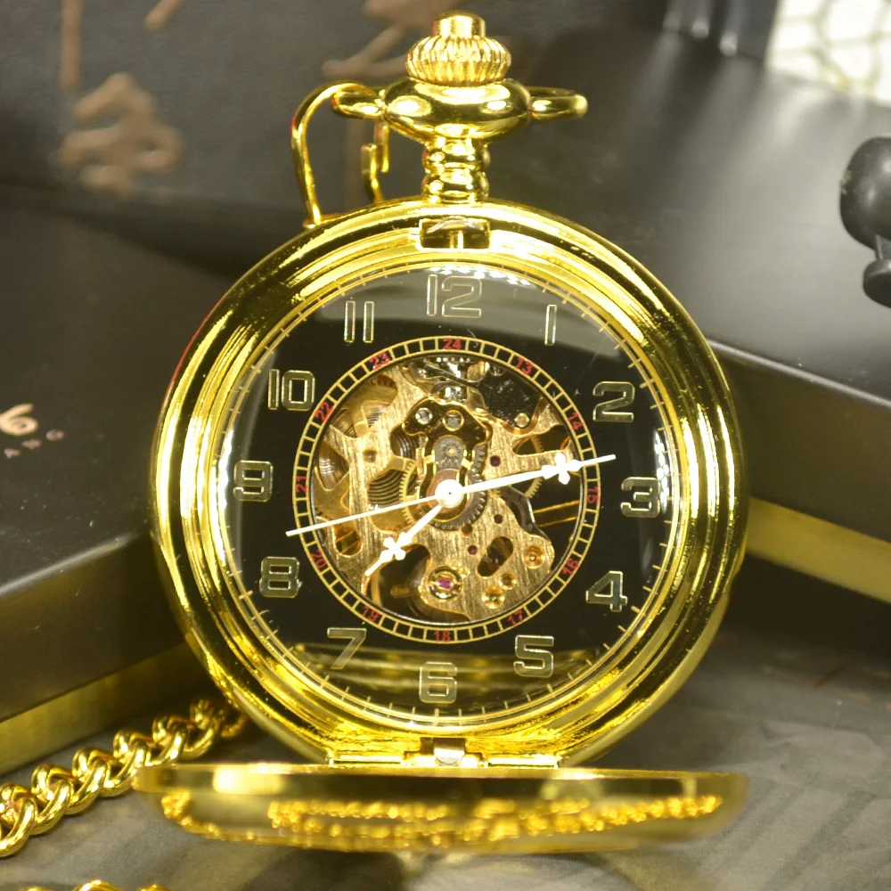 Reloj de bolsillo mecánico de esqueleto antiguo para hombre, pulsera masculina de estilo Steampunk, de lujo, a la moda, con cadena, informal, de negocios, dorado