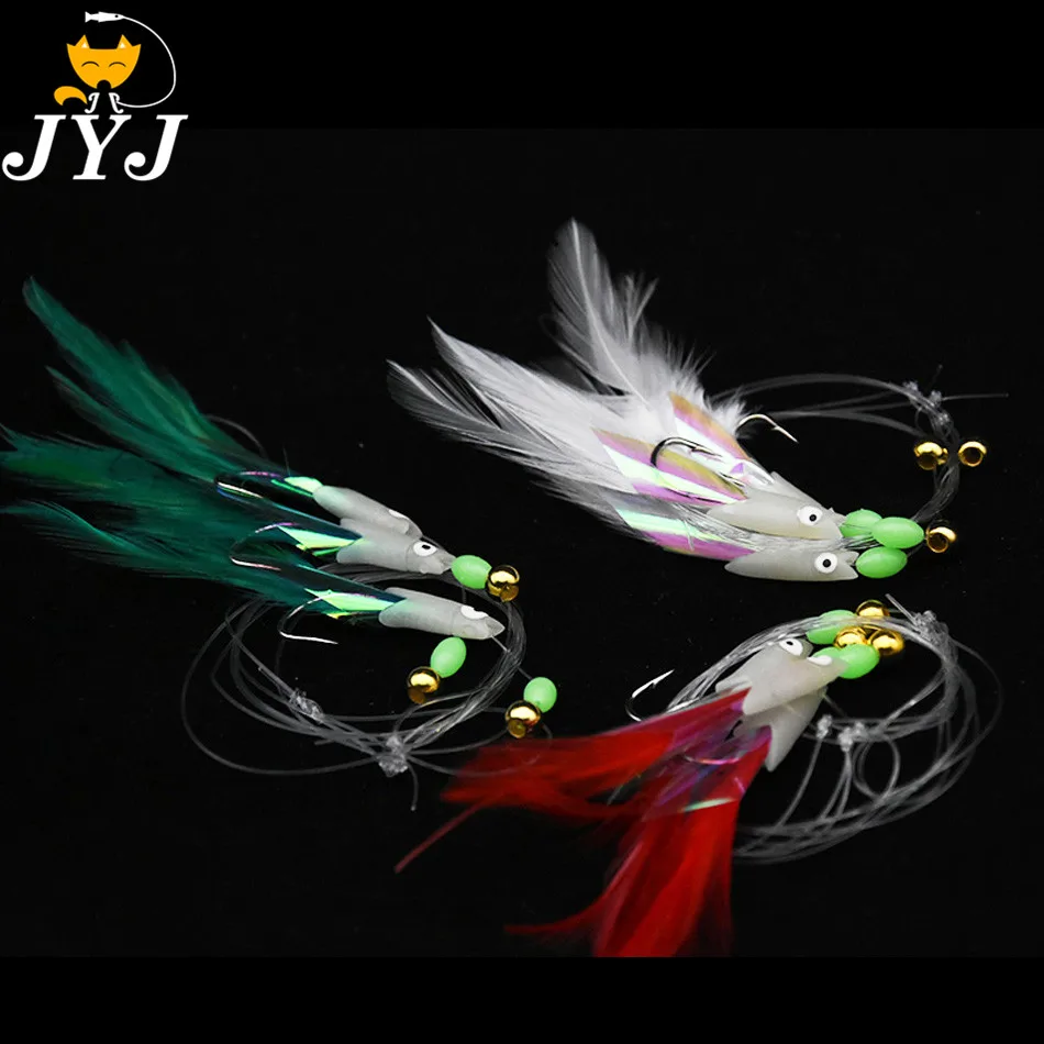 2 bags Hook size No.8/9/10 sabiki rigs ,luminous fish head feather tail sabiki rigging lure baits