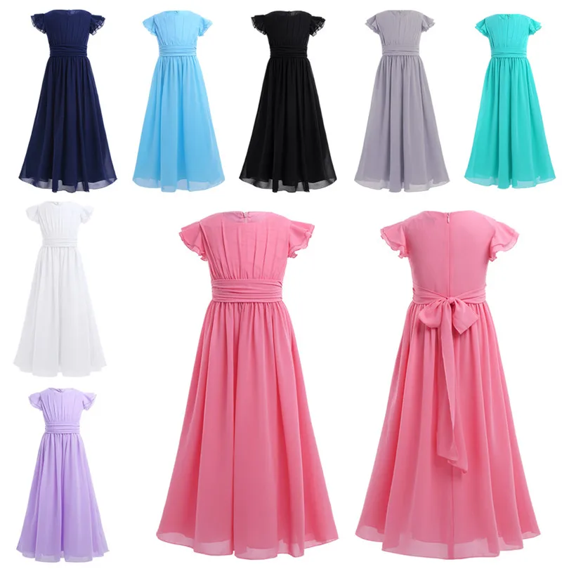 Flower Girl Dress Kids Girls Flutter Sleeves Fashionable Princess Pageant Wedding Birthday Party Long Dress Children Party Wear