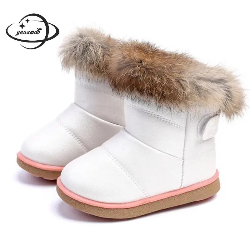 0-5y Kids Snow Boots Winter Girls Pu Children\'s Shoes Hook&Loop Solid Color Fur ADD WOOL WARM Fanshion Brand FOOTWEAR Y33