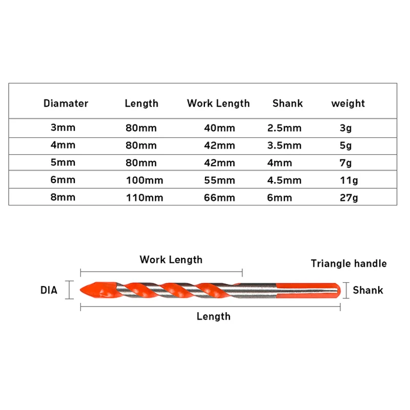 Dutoofree-taladro de mano para hormigón y cerámica, conjunto de brocas triangulares de acero de alto carbono, aleación perforada, 3, 4, 5, 6, 8mm