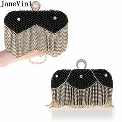 JaneVini Luxury Rhinestones Tassel Handbags Women Bags Designer Pearl Wedding Clutch Bag With Chain Party Bridal Ladies Handbags