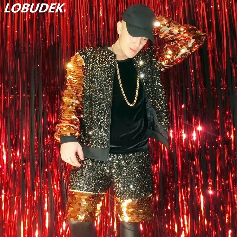 Men Orange Red Sequins Jacket Pants Suit 2 Piece Set Vocal Concert Performance Clothes Bar Nightclub Rock Hip Hop Singer Costume