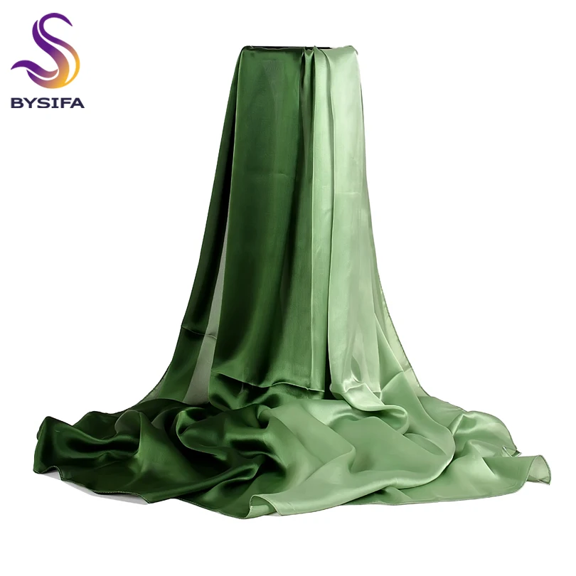 [BYSIFA] Long Satin Silk Scarf Winter Ladies Gradient Green Scarf Shawl Top Grade Brand Scarves Simple Plain Head Scarf 180*90cm