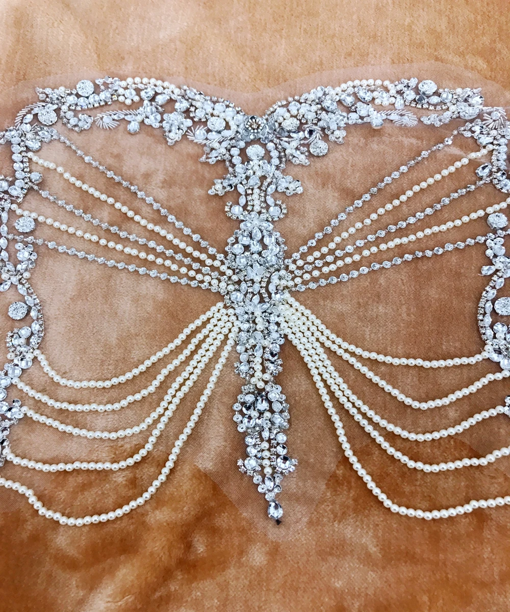 handmade sew on silver rhinestones applique on mesh peal crystals trim patches 45*38cm for wedding dress accessories