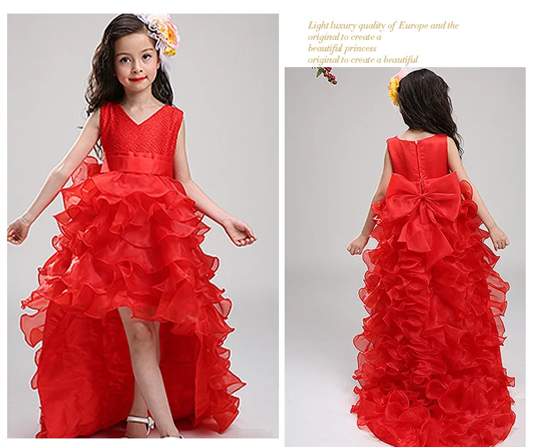 

3-14T flower girl Trailing wedding dresses Girl high quality Tutu Mermaid dress V-neck big bow Princess long dress 4 color