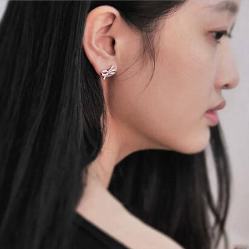 New Fashion Bright Temperament 925 Sterling Silver Jewelry Bow Bowknot Sweet Female Crystal Zircon Earrings  E213