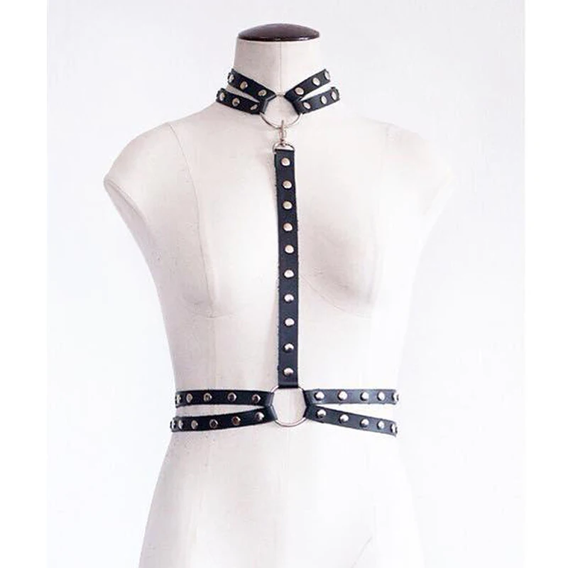 

Handmade Punk Gothic Women Halter Neck Leather Choker Harness Detachable Waist Belt Body Suspender Straps