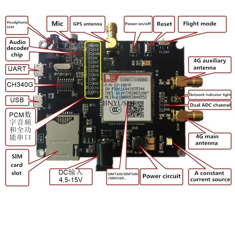 Imagem -04 - Placa de Fuga Placa Evb Placa de Desenvolvimento Placa de Teste Usb Uart Ch340g para Áudio Sim7600e-h Sim7600a-h Sim7600sa-h Sim7600jc-h