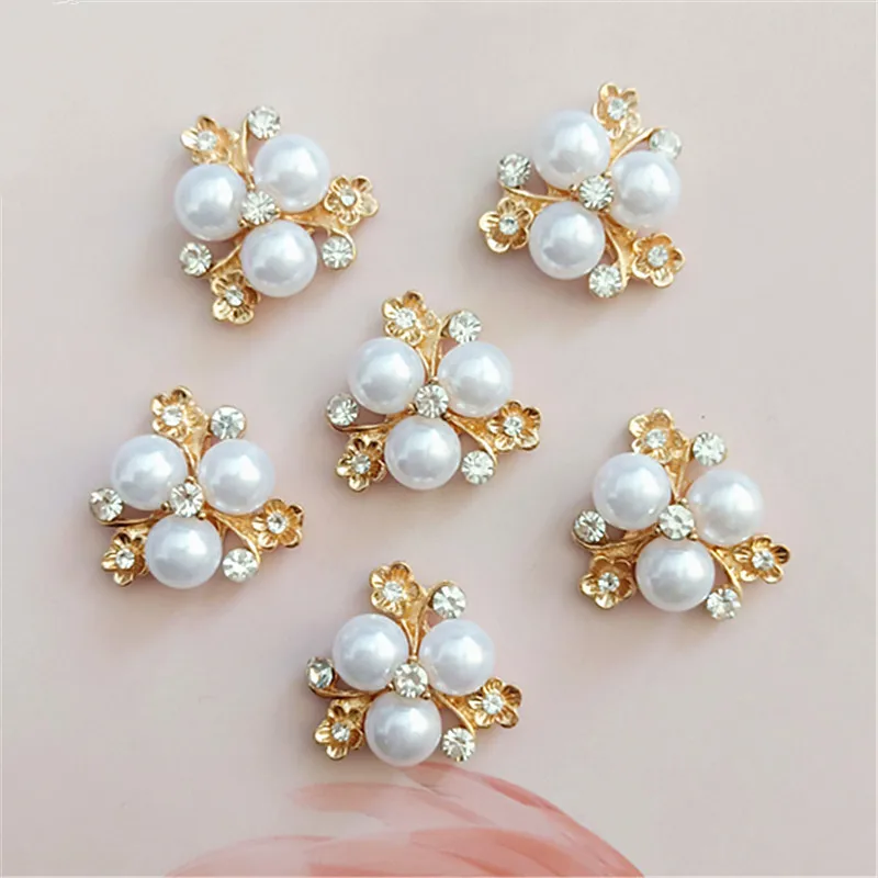 50PCS Alloy Material Gold color Imitation Pearl Crystal Flower Charm Pendant for Head DIY Wedding Jewelry Accessory Findings