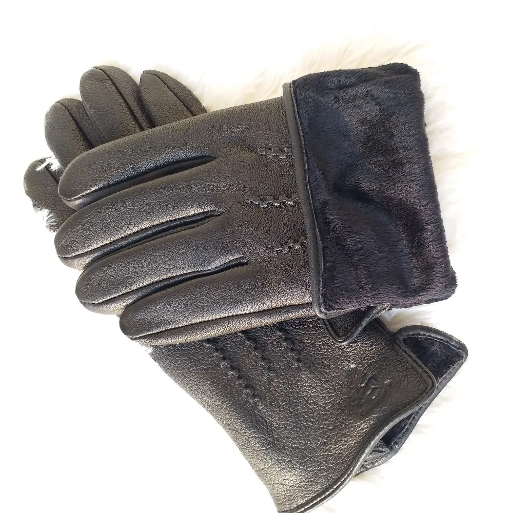 Guantes de piel de oveja 100% para hombre, diseño de patrón de piel de ciervo, guantes de cuero cálidos y suaves, mitones para hombre con forro de