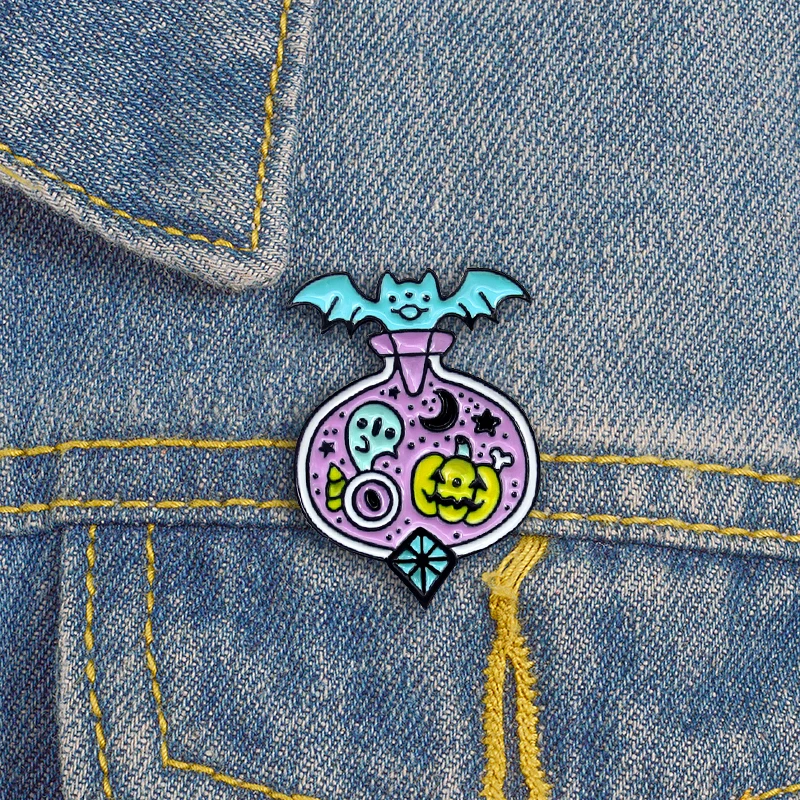 XEDZ Halloween Bats Ghost Pumpkin Fairy Tale Brooch Midnight Magic Potion Bottle Space Star Moon Eye  Enamel Lapel Pin Kid  gift