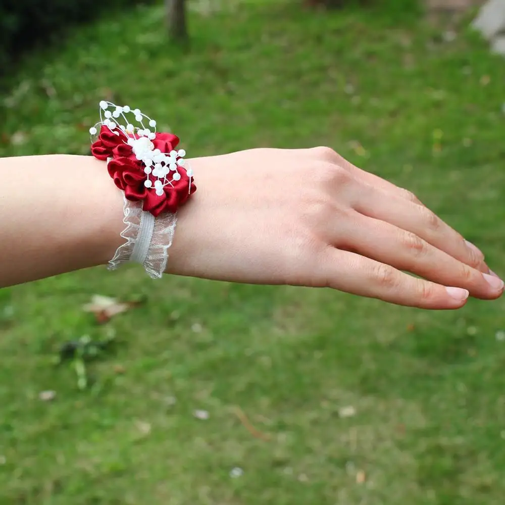 Wifelai-Een Pols Corsages Bruiloft Bruid Lint Bloemen Kralen Armband Wijnrood Bruidsmeisje Zijden Lint Pols Corsag Huwelijk SW0679