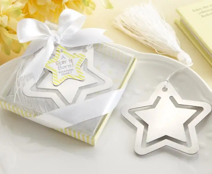 NEW A Star is Born Stainless Steel Metal Bookmarks Baby Shower Favors Star Bookmark With White Tassel Wedding Bomboniere Gift