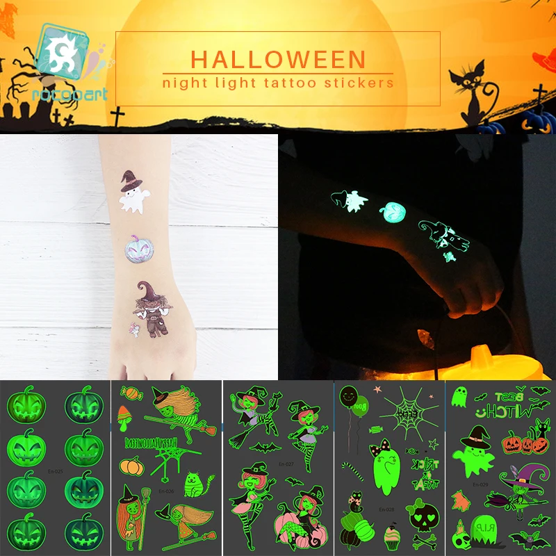 

Latest Halloween Luminous Tattoo Pumpkin head For Kids Fake Tatoo Witch Glowing in Dark Waterproof Temporary Tattoo Sticker